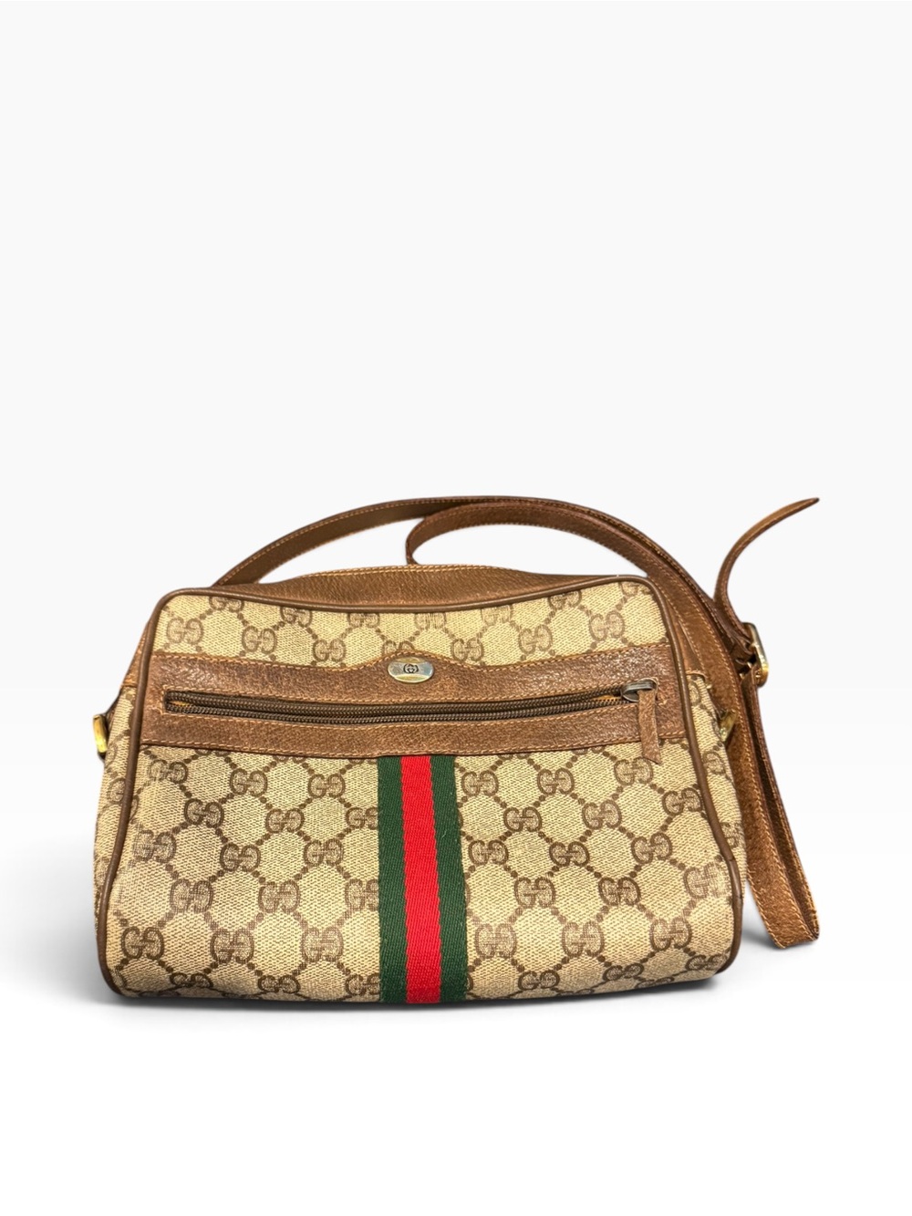 Gucci Beige Brown GG Canvas Crossbody with Green-Red Web Stripe